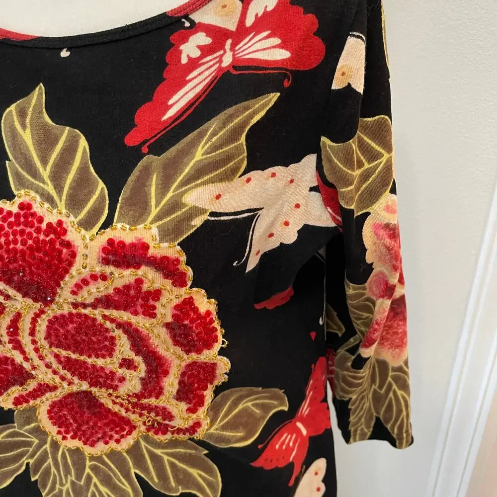 Nostalgia Black Sequin Floral Print Top Size Large Women's RN060508